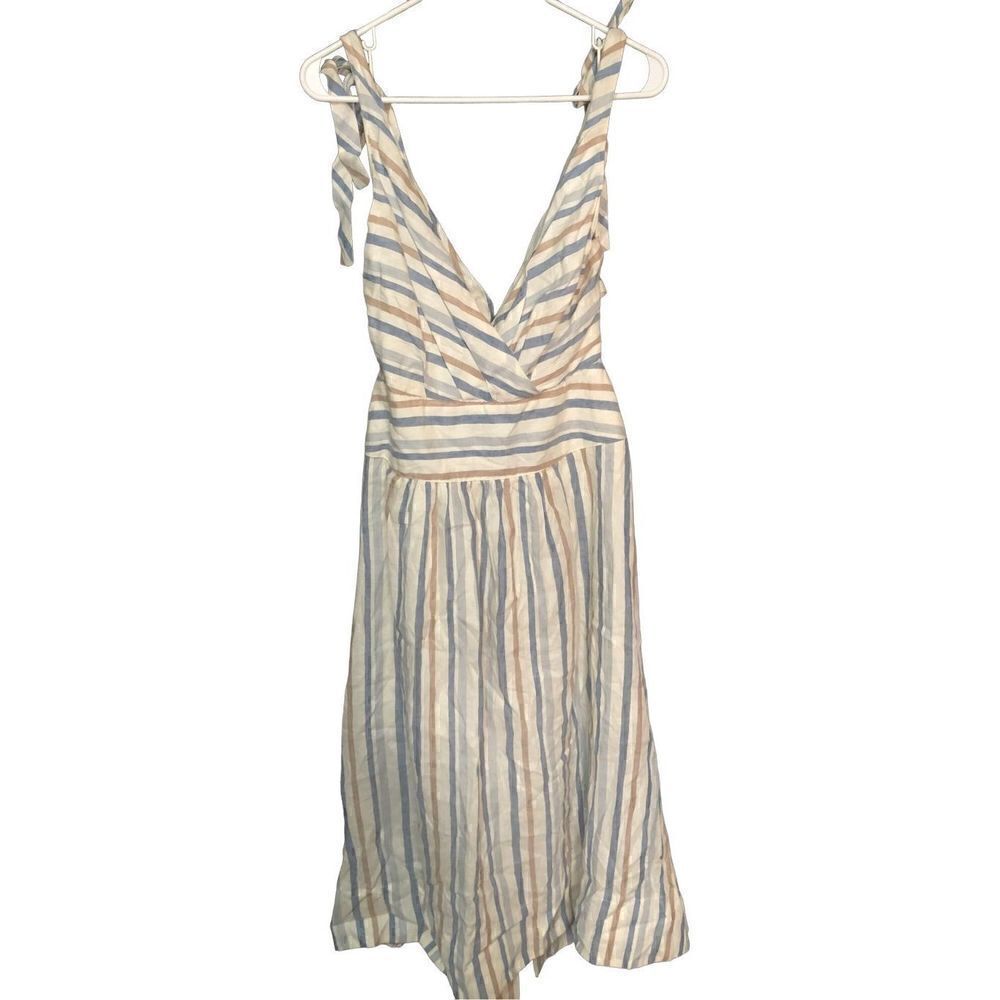 Free People Dress Womens 12 Deep V Striped Linen Midi Fit Flare Lined Sleeveless